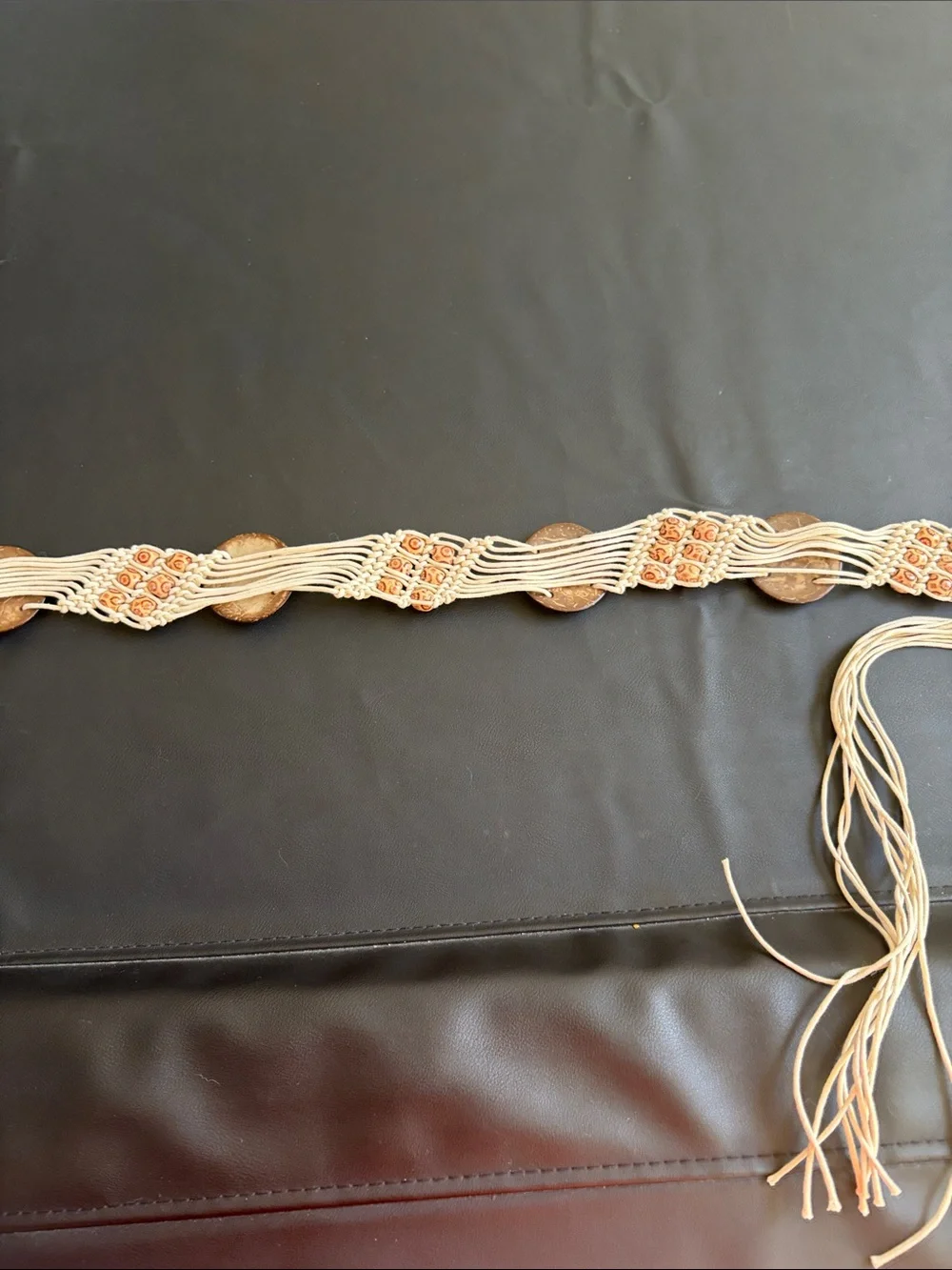 Vintage Style Boho Macramé Tie Belt Natural Wood Look Beads Adjustable Festival